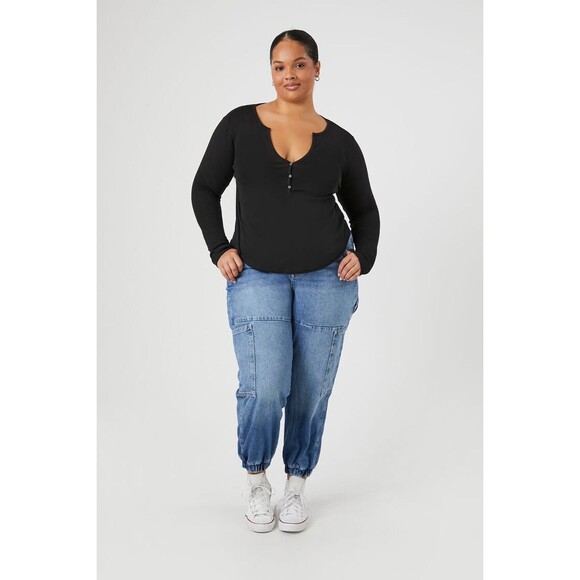 Forever 21+ Denim Joggers Women’s 16 Blue Stone Wash Elastic Waist Cargo Utility - Picture 7 of 7